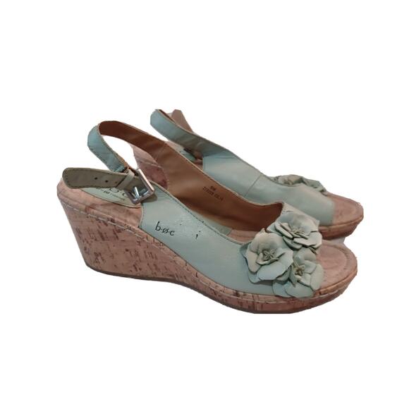 BOC Born Concept Womens Sz 9 Wedge Slingback Sandals Heels Green Flower C - Picture 1 of 8